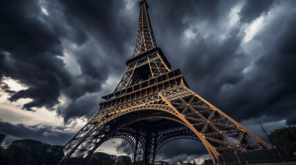 Eiffel Tower under a stormy sky, dramatic contrast between the structure and the dark clouds, captured from a low angle