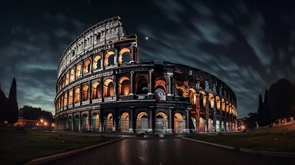 Tuinposter Rome's Colosseum at night under a full moon, stars scattered across the sky, lights illuminating the ruins, a dramatic contrast to the dark sky © Marco Attano