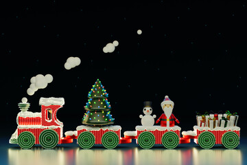 Wooden toy locomotive, Christmas and New Year concept, Christmas tree, Santa, Snowman, gifts 3D render