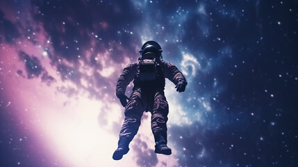 Silhouette of an astronaut suspended in zero gravity, starkly contrasted against a soft, watercolor galaxy backdrop in pastel hues, soft glow effect, peace and serenity