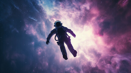 Naklejka na ściany i meble Silhouette of an astronaut suspended in zero gravity, starkly contrasted against a soft, watercolor galaxy backdrop in pastel hues, soft glow effect, peace and serenity