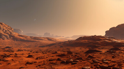 Fototapeta na wymiar the Mars surface, ochre - hued, dusty terrain, starry sky backdrop, exploring the Red Planet, high definition