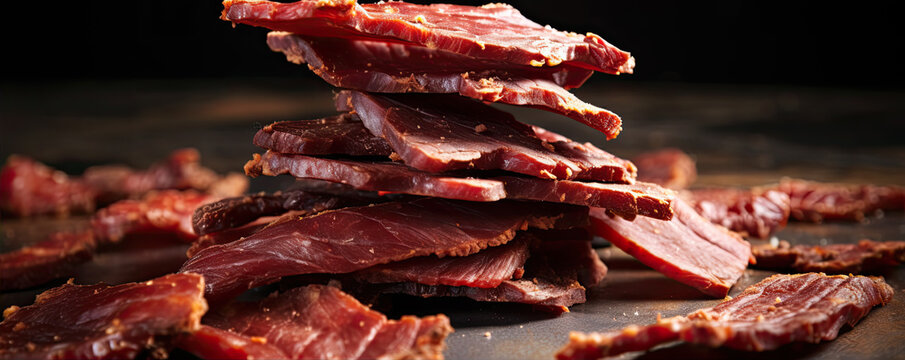 Beef jerky meat on table.