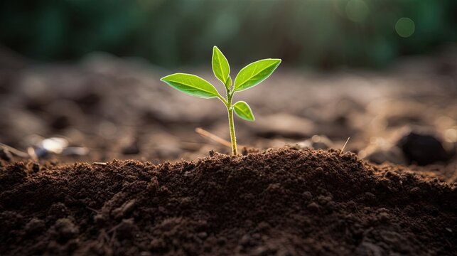 Young green plant in soil, ecological background. Created with Generative Ai technology.
