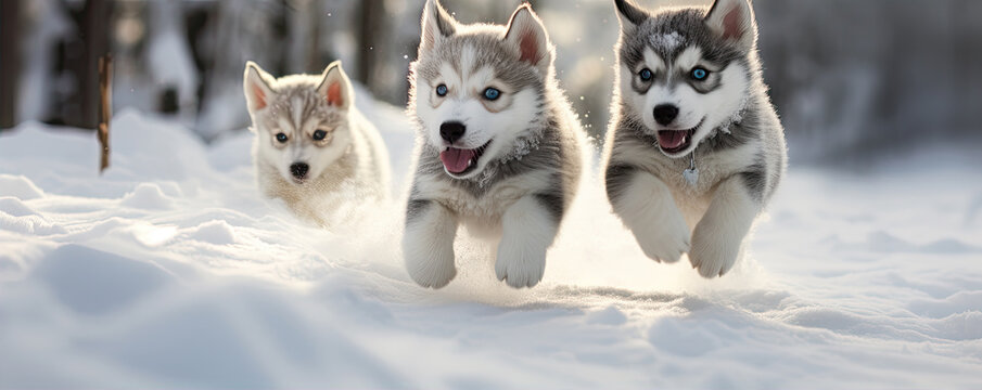 Husky dogs puppies running through the snow in winter path.