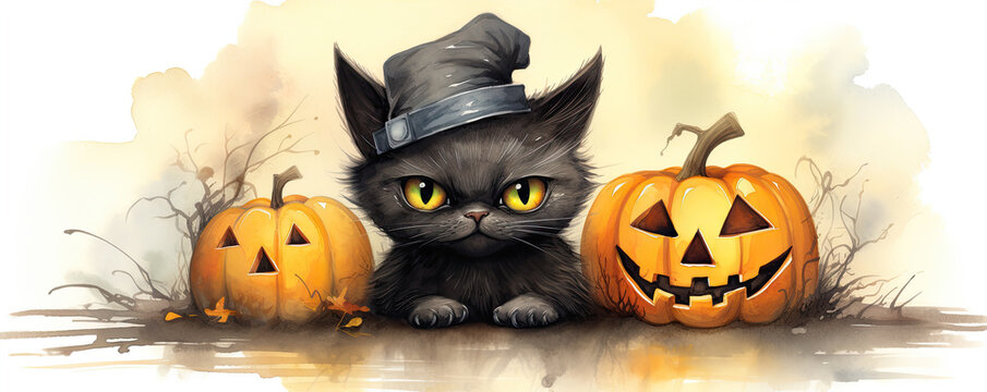 Black cat with pumpkins in halloween time. cartoon stzly photo