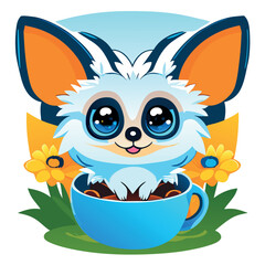 A fluffy white rabbit with bright blue eyes sitting in a teacup, surrounded by colorful flowers and , vector illustration cartoon