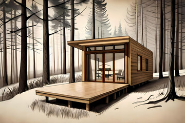 Small wooden house with terrace in the forest
