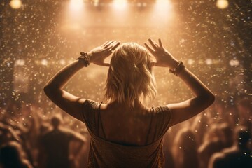 woman at the festival, party, Woman from Behind in Front of a Festival, with People Dancing on Stage, Rocking the Summer Festival Vibe, Embellished with Golden Hues
