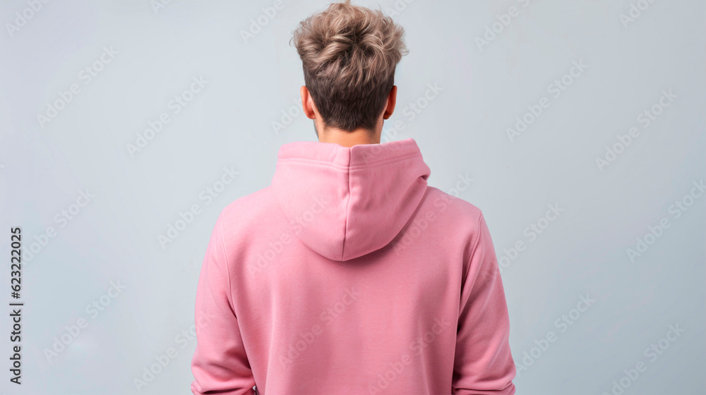 Wall mural Hoodie mockup. Boy from behind with very modern haircut and wearing a pink hoddie. Man looking at a wall and hiding his face. Empty space and background. LGBT or LGBT image. blonde boy. Generative ai. - Wall murals