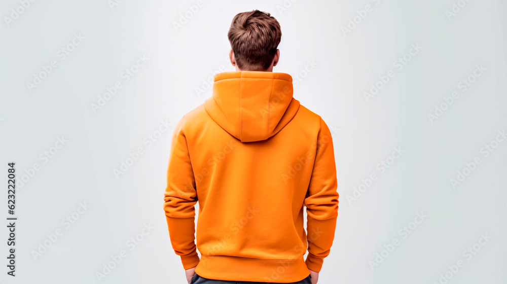 Wall mural young man from behind wearing a orange hooded sweatshirt. orange hoodie mockup. boy with modern shor - Wall murals