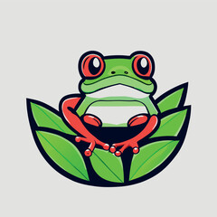 frog on green leaf, vector illustration cartoon