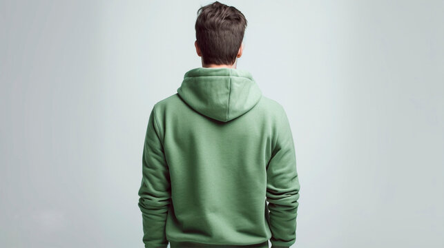 Young man from behind wearing a green hooded sweatshirt. Green hoodie mockup. Boy with modern short hair. Background with smooth and clean space with copy space. Generative ai.