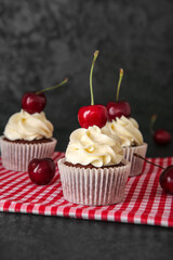 Tasty cherry cupcakes on black background