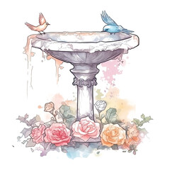 Watercolor Birdbaths Clipart featuring a collection of ornate birdbaths in a lush garden, each birdbath adorned with intricate patterns and vibrant colors, Generative Ai