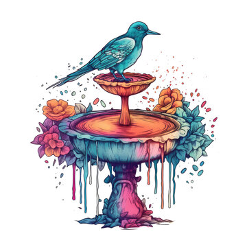 teal bird perched on colorful fountain clip art preview