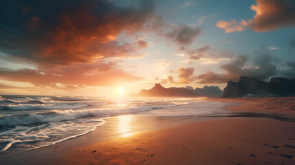 Serene Paradise: Majestic Mountains, Pristine Beach, and Sunset Over the Ocean