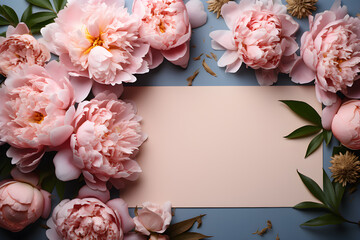 An empty white postcard in the middle, several pink peonies arranged as a frame, on blue background. Top view. Flat lay. Copy space for text. Generative AI image