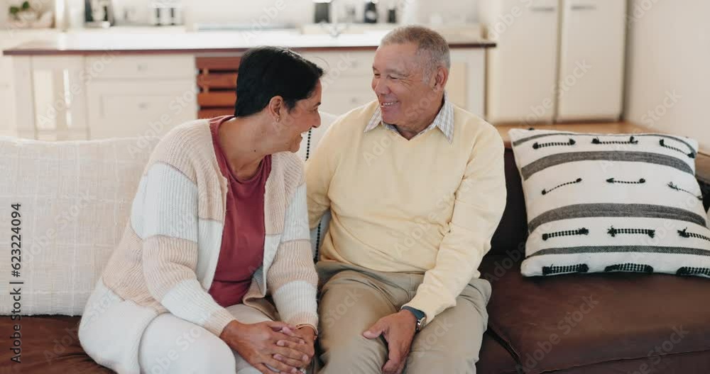 Poster Funny, couch and senior couple laughing together at a joke while bonding and enjoy retirement in a home with love. Comedy, humor and elderly people in a living room or man and woman in happiness