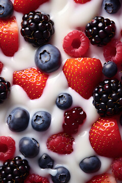 a macro image of a texture of yoghurt or skyr with fresh strawberries, raspberries, blackberries and blueberries. Close-up. Generative AI technology