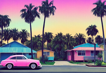 A pink car is parked on a street lined with one-story houses and palm trees. Ideal summer landscape. - obrazy, fototapety, plakaty
