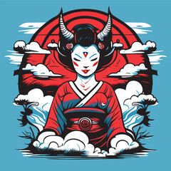 Create a design featuring an enigmatic oni demon geisha, full body isolated, intricate patterns and , vector illustration cartoon