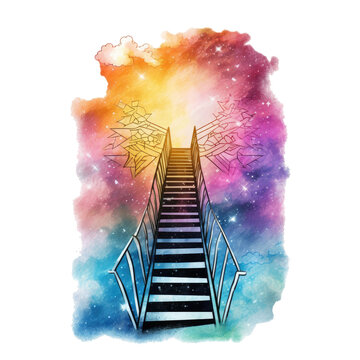 Watercolor Heavenly Stairways Clipart featuring enchanting stairways leading up to the sky, each step adorned with ethereal watercolor patterns, Generative Ai
