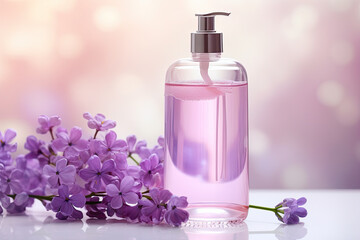 Obraz na płótnie Canvas Bottle of liquid soap with serum, cosmetic gel, bast wisp and lilac flowers