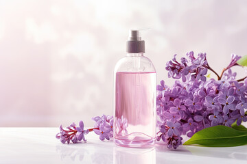 transparent Glass perfume bottle with aromatic lilac flower on pink background