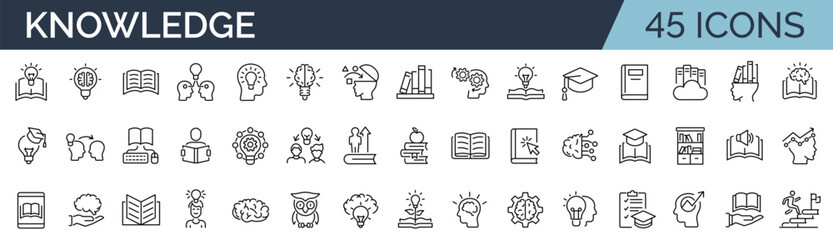 Set of 45 outline icons related to knowledge. Linear icon collection. Editable stroke. Vector illustration - obrazy, fototapety, plakaty