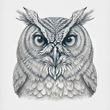 Owl head. Graphic ink drawing for printing, vintage style. Symbol of knowledge. Generative AI, Generative, AI