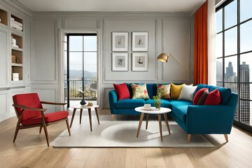 A striking red and blue sofa chair takes center stage, exuding a sense of comfort and style. AI-Generated
