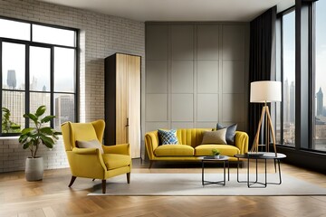 A cozy yellow padded chair stands gracefully in the corner, exuding comfort and style. AI-Generated