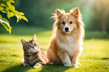 Naklejka na ściany i meble The cat and dog share a playful camaraderie, their eyes fixed on the delicate creature fluttering in the air. Sunlight bathes the scene, casting a warm glow over the furry friends. AI-Generated