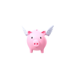 Pink piggy bank with wings isolated on white background. Saving money, investment, elusive savings, business concept design. Colorful flying pig. 3D render illustration. 