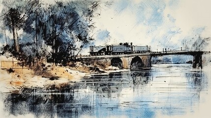  a drawing of a train crossing a bridge over a river.  generative ai