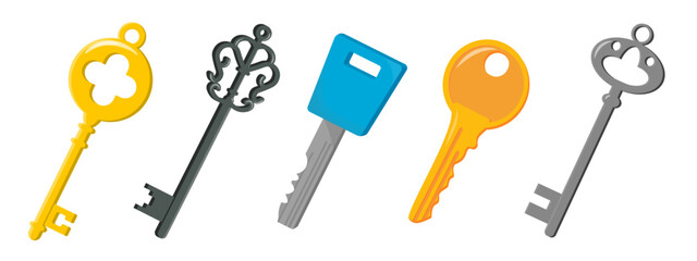 Set of beautiful colored keys in cartoon style. Vector illustration of door keys of different shapes and designs isolated on white background. Ancient and modern keys for closing and opening doors.