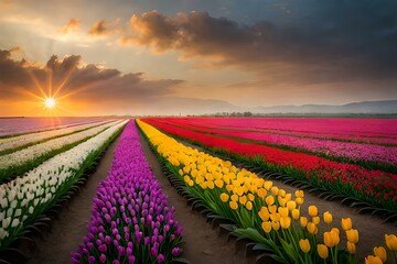 Spring tulip flowers in a row of different colors  generated Ai technology