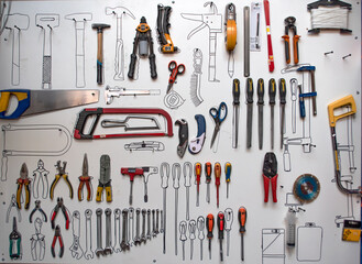 A set of random tools. Workshop. Order and organization of space and workplace.