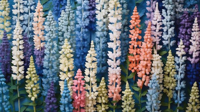  a bunch of flowers that are on a wall with a blue background.  generative ai