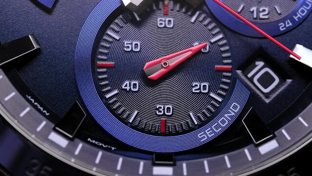 Close Up Of Stylish Luxury Man Wrist Watch With Moving Hand And Multiple Dials. Men's Swiss chronograph watch in metal with sapphire crystal. closeup view of rotating watch , running second arrow