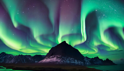 Aurora borealis, night mountain with vibrant colors, Generative Ai, sunset, nature aurora - obrazy, fototapety, plakaty