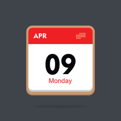 monday 09 april icon with black background, calender icon
