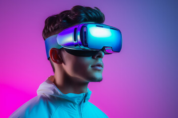 Young Man Using a VR Virtual Reality Headset Glasses for Gaming and Education 
