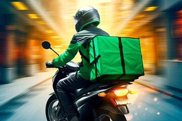 Green shirt rider Ready for fast food delivery with online applications