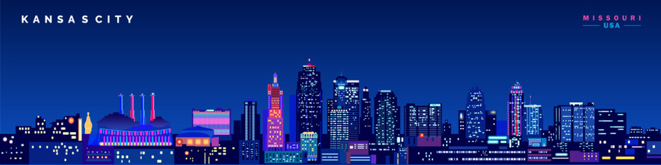 Kansas City blue night skyline and glowing lights. - obrazy, fototapety, plakaty