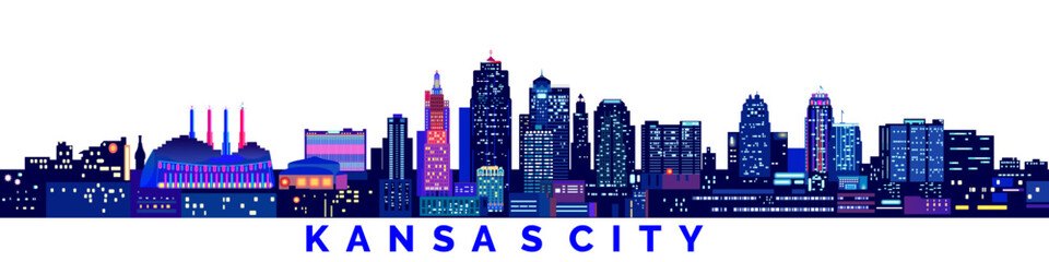 Kansas City blue night skyline isolated vector illustration.