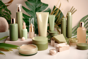 Eco-friendly cosmetics line with organic facial skincare, makeup, and cosmetic items, all adorned with delicate green leaves and flowers against studio background