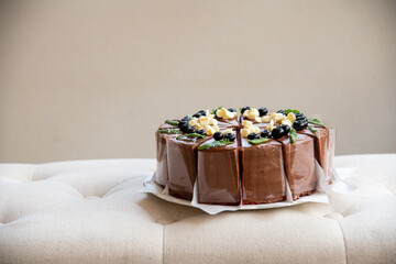 chocolate cake toppped with fresh Bluberry and white nuts with green leafs on white sofa