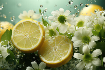 Creative fruity wallpaper with lemon slices, clear water drops, green leaves and white small flowers. Citrus backdrop, spring freshness, top view. Green yellow light colors. Generative AI. - obrazy, fototapety, plakaty